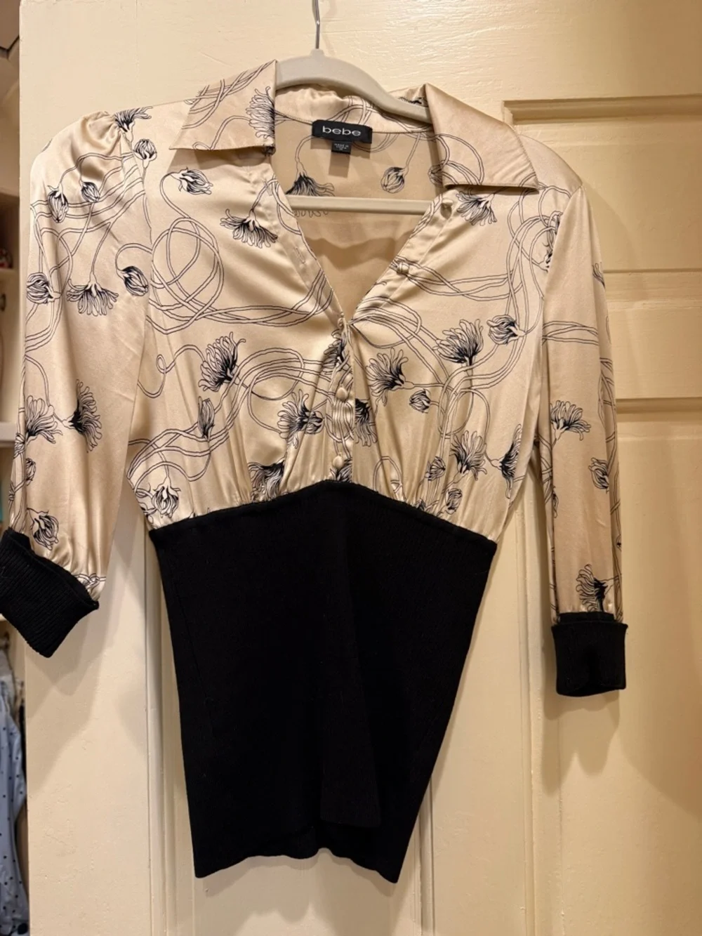 bebe Cream and Black Floral Satin Blend Top - Picture 1 of 3